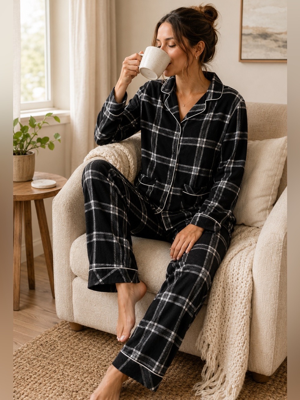 Donna Karan XL Black and White Plaid Pajama Set